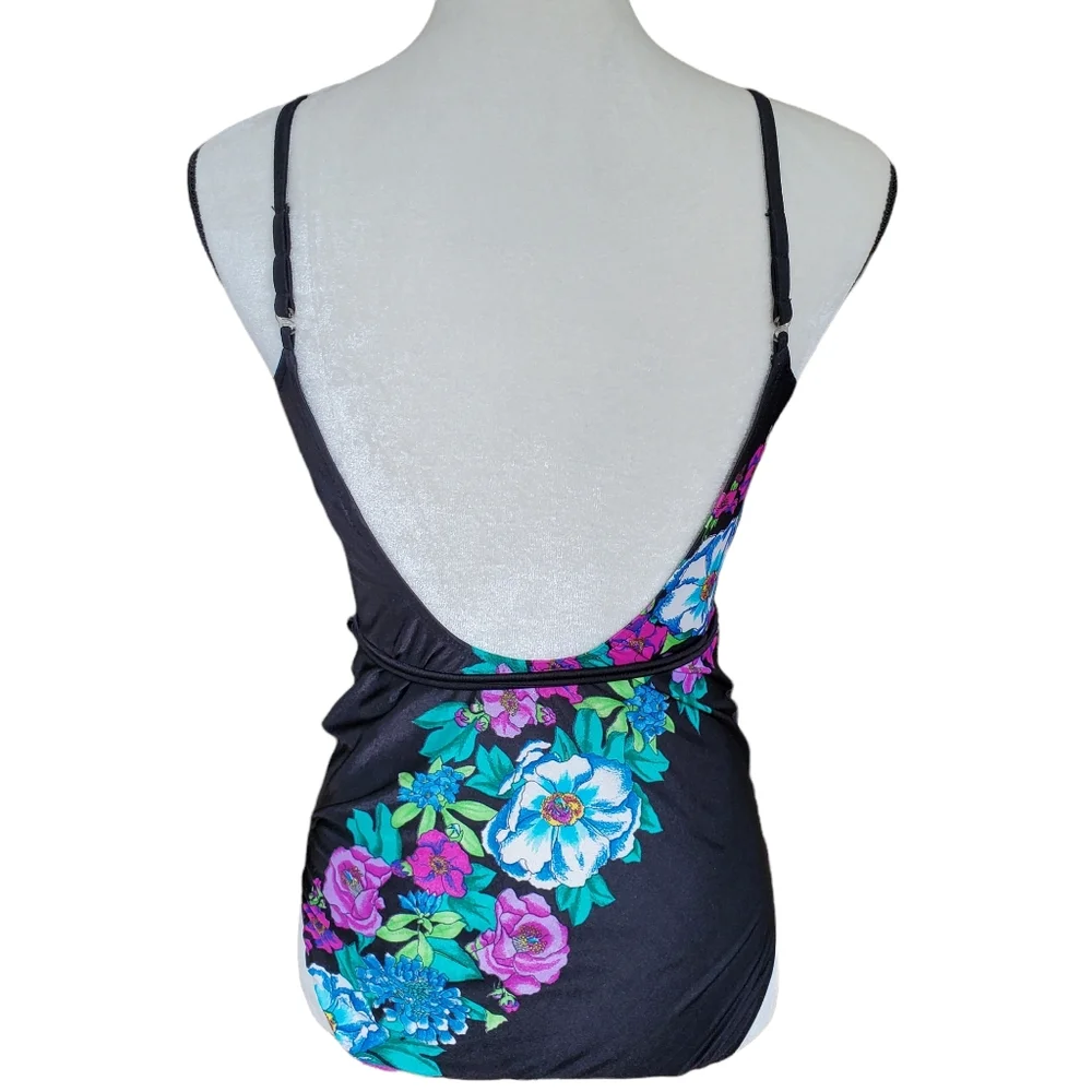 Vintage Sassafras black neon floral one piece swimsuit wrap open back medium - Picture 3 of 7